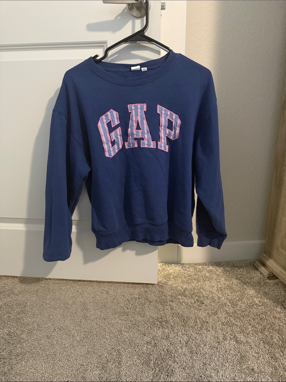 GAP Navy Pullover Sweatshirt with Pink-Striped Logo